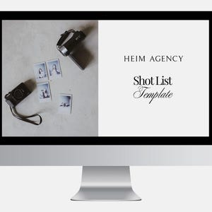 May include: A computer screen shows the text "HEIM AGENCY Shot List Template." Two cameras and several small photographs are arranged on a light grey surface. The computer is silver.
