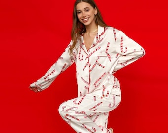 Satin Christmas Pajamas, Xmas Pjs, Lollipops Pajamas, Xmas Gifts, Christmas Party Pjs, Silk Pajamas, Gift For Her, New Year Pajamas