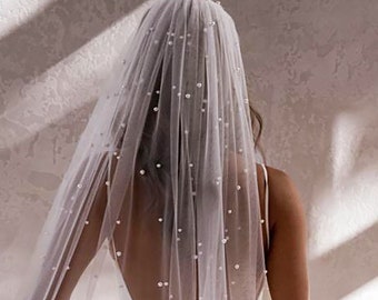 Pearl Wedding Veil wedding veil Single layer Veil Modern Fingertip Veil with pearls Veil Ivory Wedding Veil Single Tire Veil Simple Veil