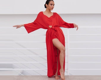 Red Silk Robe, Silk Long Robe, Wedding Silk Robe, Bridesmaid Robes, Wedding Gift, Dressing Gown, Bridal Gift, Sleepover