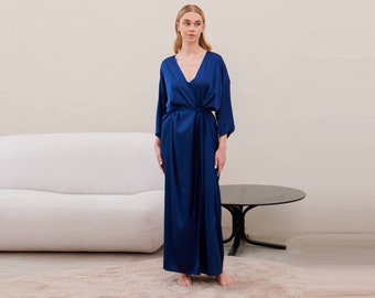 Blue Silk Robe, Silk Dressing Gown, Navy Robe, Anniversary Gift, Maxi Robe, Bridal Party, Silk Robe Set, Bridesmaid Robes, Proposal Gift