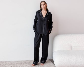 Black Satin Pajama Set, Women's Long Sleeve Sleepwear