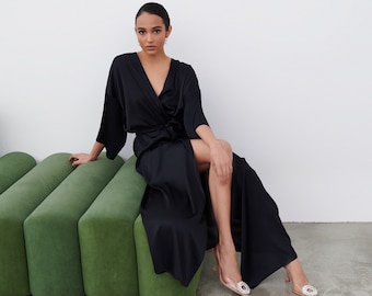 Black Satin Kimono Robe: Long Silky Dressing Gown - Etsy Black Satin Kimono Robe: Long Silky Dressing Gown - Etsy