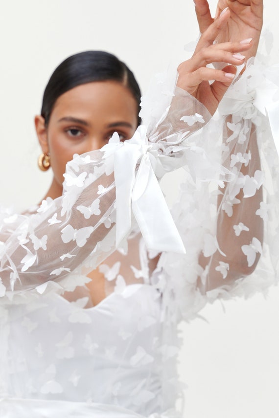 White Bridal Robe with 3D Butterflies, Long Wedding Dressing Gown