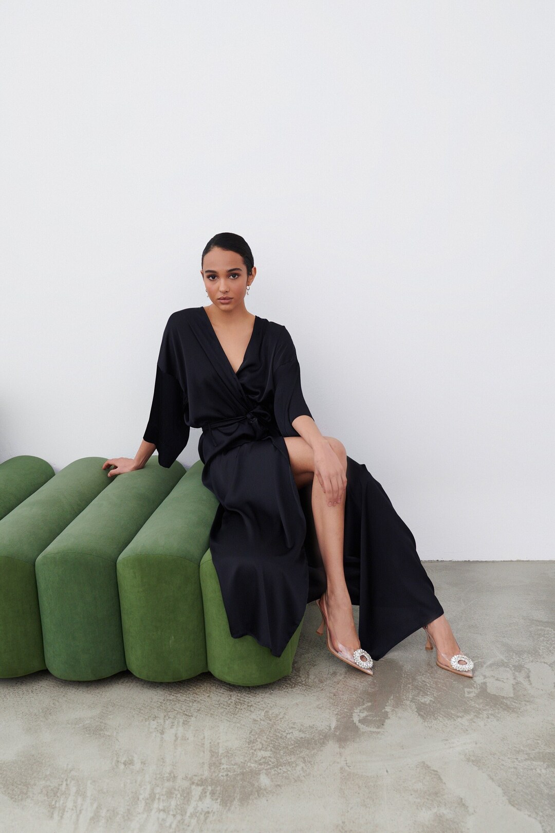 Black Satin Kimono Robe: Long Silky Dressing Gown Black Satin Kimono Robe: Long Silky Dressing Gown