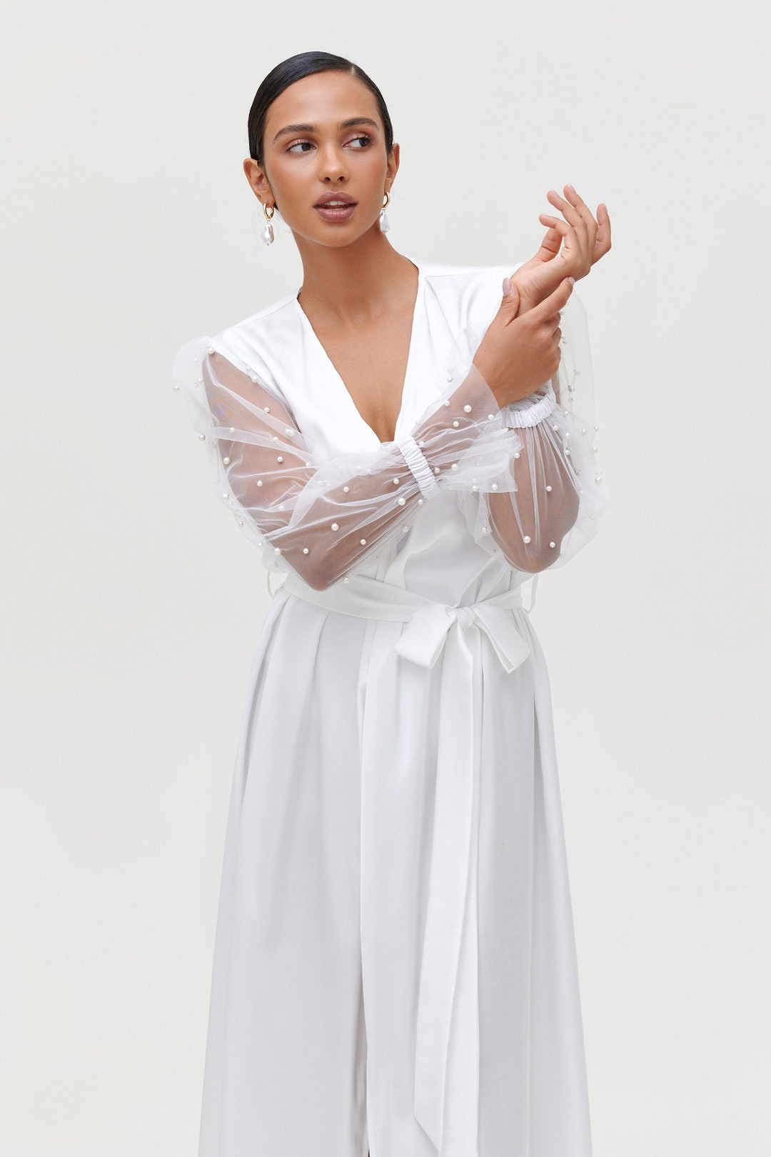 Pearl Bridal Robe, White Bridal Robe, Long Bridal Robe, Dressing Gown ...