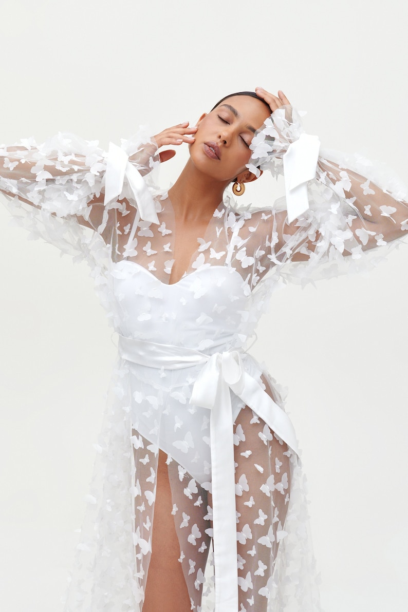 Bridal Robe With 3D Butterflies, Bride Robe Long, White Robe, Tulle Getting Ready Robes, Bridesmaid Gift, Boudoir Robe, Wedding Bride Robe image 1