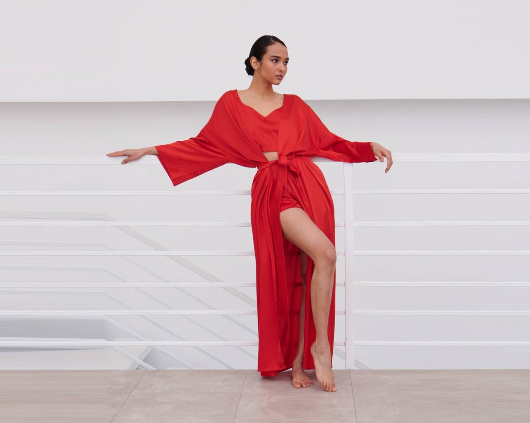 Red Silk Robe, Silk Long Robe, Wedding Silk Robe, Bridesmaid Robes