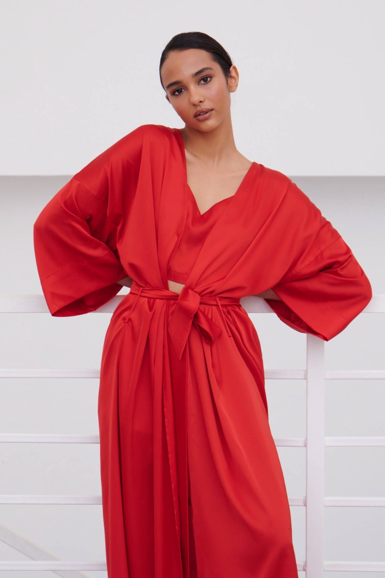 Red Silk Robe, Silk Long Robe, Wedding Silk Robe, Bridesmaid Robes