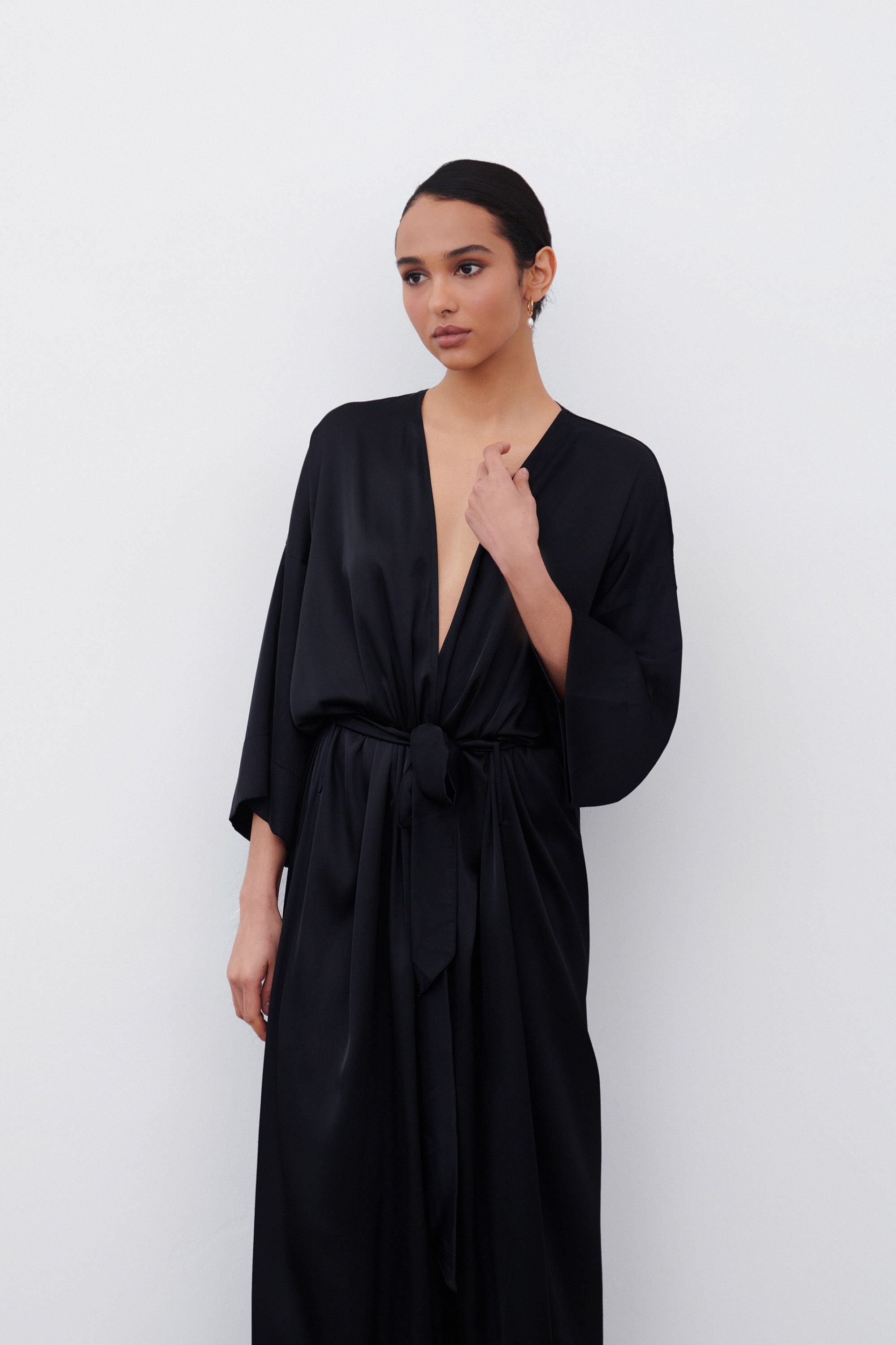 Black Satin Kimono Robe: Long Silky Dressing Gown Black Satin Kimono Robe: Long Silky Dressing Gown