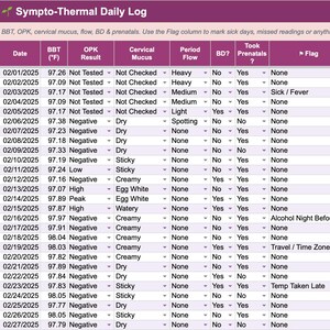 Seguimiento de fertilidad sintotérmica / Tabla de ovulación NFP / Registro de temperatura basal del cuerpo (TBC) Hojas de cálculo de Google