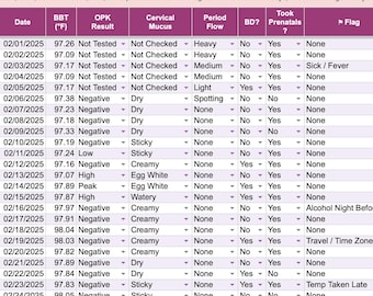 Sympto-Thermal Fertility Tracker | NFP Ovulation Chart | BBT Log Google Sheets