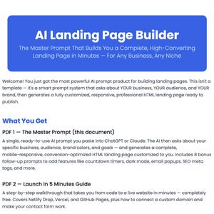 Peut inclure: Document bleu et blanc intitulé « AI Landing Page Builder ». Il décrit un système de création de pages de destination, avec un guide de lancement en 5 minutes et un « Master Prompt » pour des pages à fort taux de conversion.