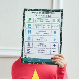 May include: A colorful educational poster with the acronym PEMDAS, which stands for the order of operations in mathematics. The poster features a cartoon monster with a colorful background and includes examples of each operation.