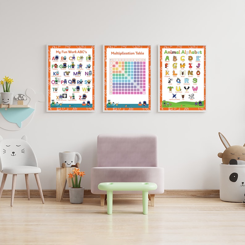 May include: Three educational posters with orange frames hanging on a white wall. The posters are titled "My Fun Work ABC's", "Multiplication Table", and "Animal Alphabet". Each poster features a colorful alphabet with illustrations of animals and vehicles.