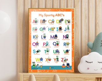 ABC Poster Alphabet Early Reading Printable Toddlers Room Idea Sports Prints Alphabet ABC's Sports Alphabet Practice abc's Early Childhood