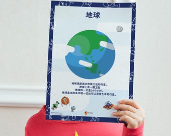 Earth Poster 地球海报 Simplified Chinese Planet Poster Space Printable Wall Art Poster Planets Kids Bedroom Poster Playroom Wall Decor 太阳系 儿童天文学