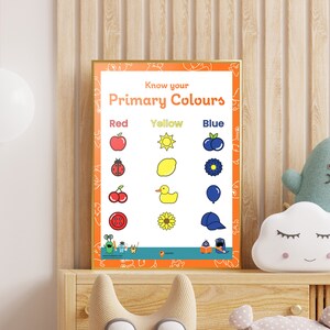 May include: A colorful educational poster titled "Know your Primary Colours" with illustrations of red, yellow, and blue objects. The poster features a red apple, ladybug, cherries, a button, a yellow sun, lemon, rubber duck, sunflower, a blue blueberry, flower, balloon, and a baseball cap.