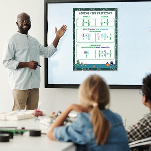 May include: A teacher explains how to add like fractions on a whiteboard. The whiteboard has a green background with a formula and example for adding like fractions. The formula is a/b + c/b = a+c/b. The example is 1/8 + 3/8 = 1+3/8 = 4/8. The teacher is pointing to the whiteboard with a pen. Two students are watching the teacher.
