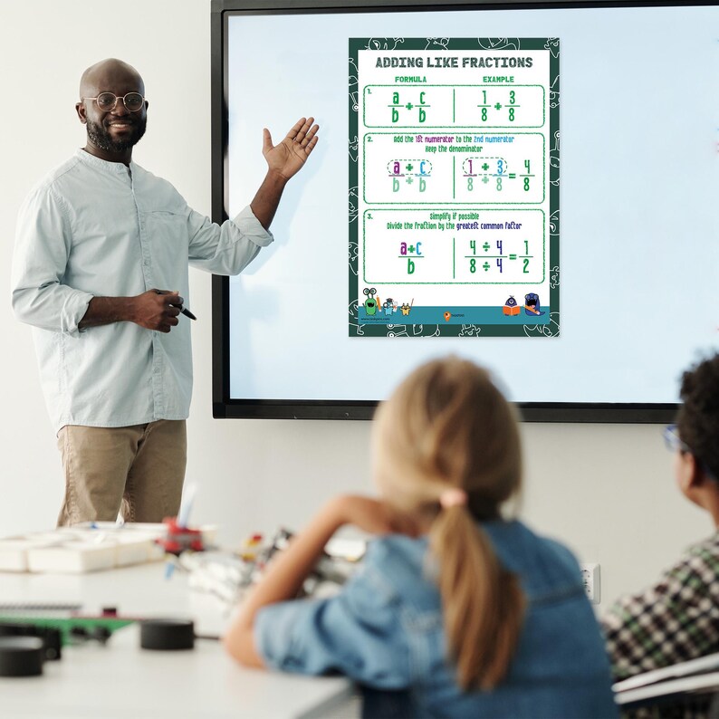 May include: A teacher explains how to add like fractions on a whiteboard. The whiteboard has a green background with a formula and example for adding like fractions. The formula is a/b + c/b = a+c/b. The example is 1/8 + 3/8 = 1+3/8 = 4/8. The teacher is pointing to the whiteboard with a pen. Two students are watching the teacher.