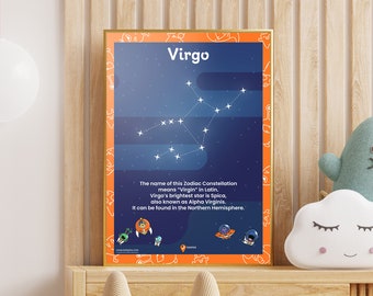Maagd afdrukbare ruimte augustus verjaardagscadeau sterrenbeeld september verjaardagsideeën wetenschap nerds nachtsterren sterrenbeelden dierenriemposters