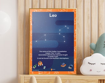 Leo afdrukbare ruimte juli verjaardagscadeau sterrenbeeld augustus verjaardagsideeën wetenschap nerds nachtsterren sterrenbeelden dierenriem posters astrologie