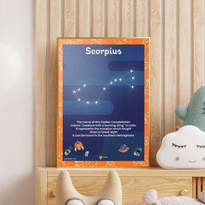 Espace à imprimer Scorpion, cadeau d'anniversaire d'octobre, Constellation, idées d'anniversaire de novembre, geeks scientifiques, nuit, étoiles, constellations, affiches du zodiaque