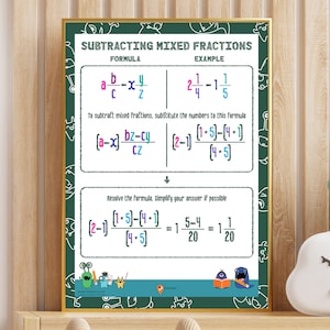 Subtracting Mixed Fractions Basic Math Fractions Wall Poster Classroom Decor Ideas Mathematics Formula Poster Fractions Homeschool Math Fun