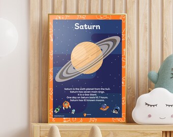 Planet Saturn Poster Space Printable Saturn Wall Art Poster Saturn Kids Bedroom Poster Playroom Wall Decoration Space School Saturn Picture