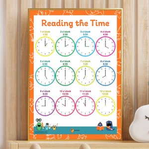 Cartel de contar la hora, relojes para niños, impresión de decoración del aula, relojes de lectura, relojes de escuela primaria imprimibles, póster, impresiones educativas del tiempo para niños