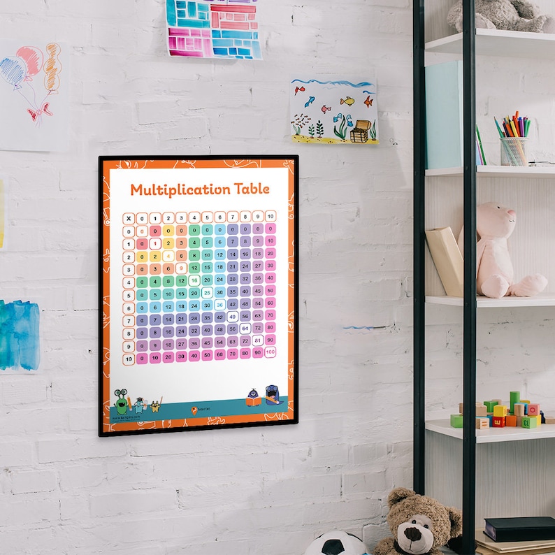 May include: A colorful multiplication table chart with numbers 1 through 10 on the top row and left column. The chart is framed in black and has a bright orange border. The chart is hanging on a white brick wall.