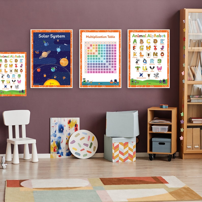 May include: Three educational posters on a purple wall. The posters are framed in orange and feature colorful illustrations. The posters are titled "Solar System", "Multiplication Table", and "Animal Alphabet".