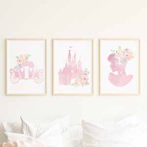 Impressions numériques princesse aquarelle, art mural fleur princesse rose, affiches de chambre de filles, décoration de chambre d'enfant rose, lot de 3 impressions d'art princesse