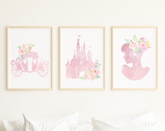 Digital Princess Watercolour Prints, Pink Princess Flower Wall Art, Girls Bedroom Posters, Pink Nursery decor, Set of 3 Princess art Prints