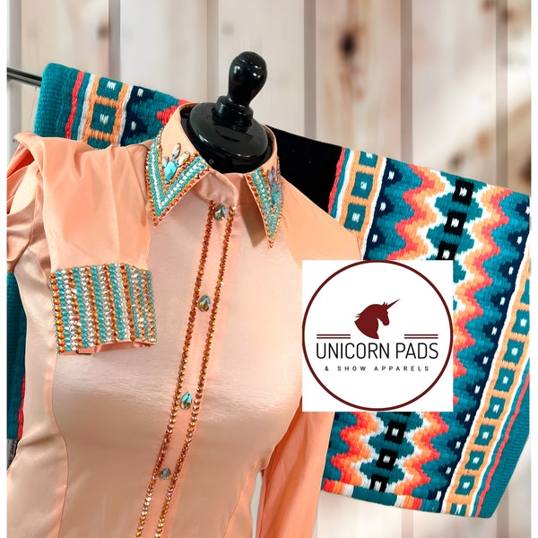 Peach and Teal Show Shirt and Pad set western show shirt western saddle pad show pad horse riding pad saddle blanket women show shirt