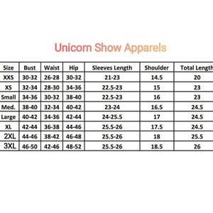 May include: Size chart for clothing with measurements in inches for bust, waist, hip, sleeves length, shoulder, and total length. Sizes include XXS, XS, Small, Medium, Large, XL, 2XL, and 3XL.