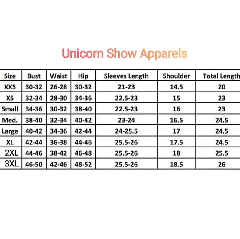 May include: Size chart for clothing with measurements in inches for bust, waist, hip, sleeves length, shoulder, and total length. Sizes include XXS, XS, Small, Medium, Large, XL, 2XL, and 3XL.