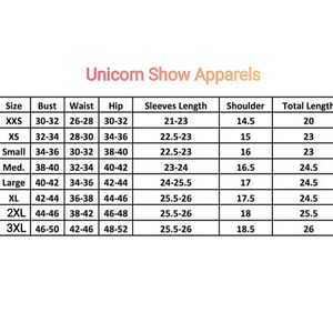 May include: A size chart from "Unicorn Show Apparels" with measurements for bust, waist, hip, sleeve length, shoulder, and total length. Sizes range from XXS to 3XL. The chart is in a table format with white text on a black background.