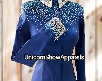 Blue and Silver show shirt Showmanship shirt Western show outfit pleasure horse riding shirt women show shirt
