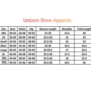 May include: Size chart for unicorn show apparel with measurements in inches for bust, waist, hip, sleeves length, shoulder, and total length. Sizes range from XXS to 3XL.