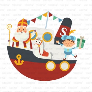Happy Sinterklaas and friends are coming in town with boat - vector illustration