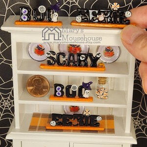 Dollhouse Miniature Halloween Decor - 1:12 Scale Decorated Spooky Season Tabletop Sign - SCARY BOO or EERIE - You Choose