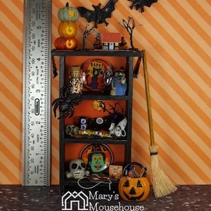 OOAK Miniature Halloween Shelves w/ Decor - 1:12 Scale Spooky Season Black Bookcase & Accessories - 24 Total Items in Lot