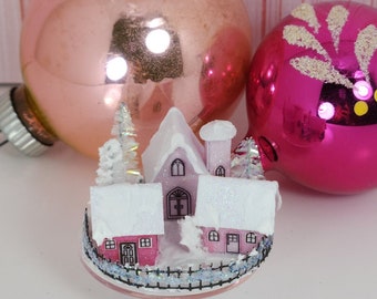 Tiny Pink Christmas Putz Village - 1:12 Scale Miniature Glitter Houses Church Pond & Fence - 1.25 Inches - Best Handmade Gift - OOAK