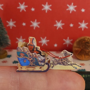 Miniature Reproduction of Antique Bliss Sleigh w/ Santa & Reindeer - 1:12 Scale Dollhouse Christmas Toy - 1.5 Inches - MADE TO ORDER