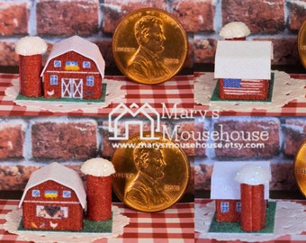 Tiny Putz Americana Glitter Barn w/ Flag Painted on Side - 1:12 Scale Patriotic Dollhouse Miniature Decor - Memorial Independence Labor Day