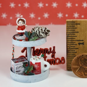 Dollhouse Miniature Christmas Decor - 1:12 Scale Tiered Tray w/ Elf Figurine + More Accessories - Tiered Tray is Just 1 3/8 Inches Tall