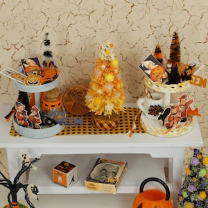 Miniature Halloween Decor: Dollhouse Tiered Tray with Vintage Standees and Postcards and More
