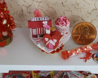 Tiny Miniature Valentine's Day Village - 1:12 Scale Dollhouse Putz Glitter Houses & Shops - Special Valentine's Day Gift - Very Whimsical!