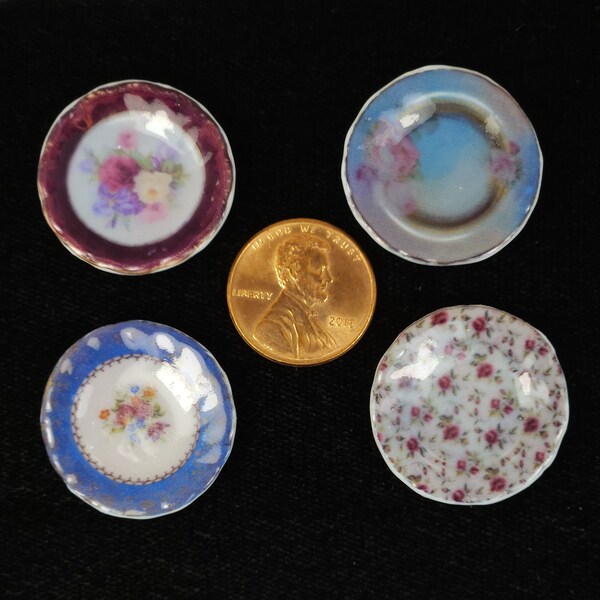 Miniature Flowered Plates - 1:12 Scale Reproductions of Vintage Hand-Painted Plates - Dollhouse Shabby Chic or French Cottage Decor - Chintz